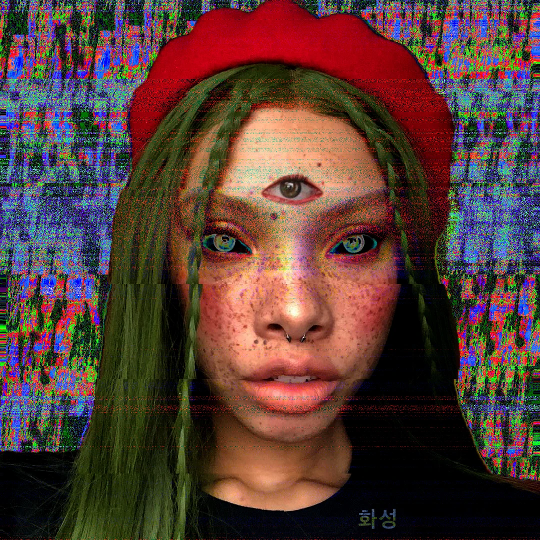 Distorted portrait titled bbyrat with channel shifts, scanlines, and a third eye
