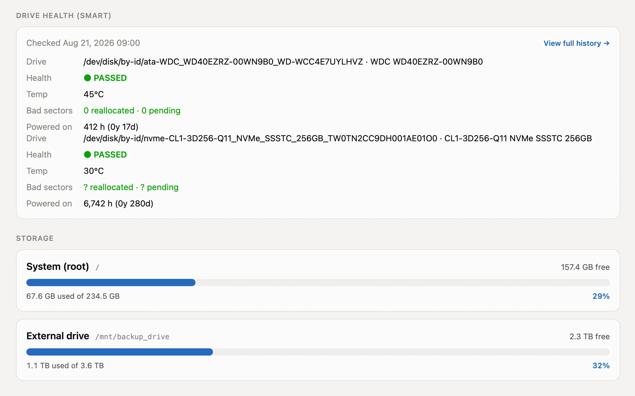 Pi Dashboard SMART drive health and storage status