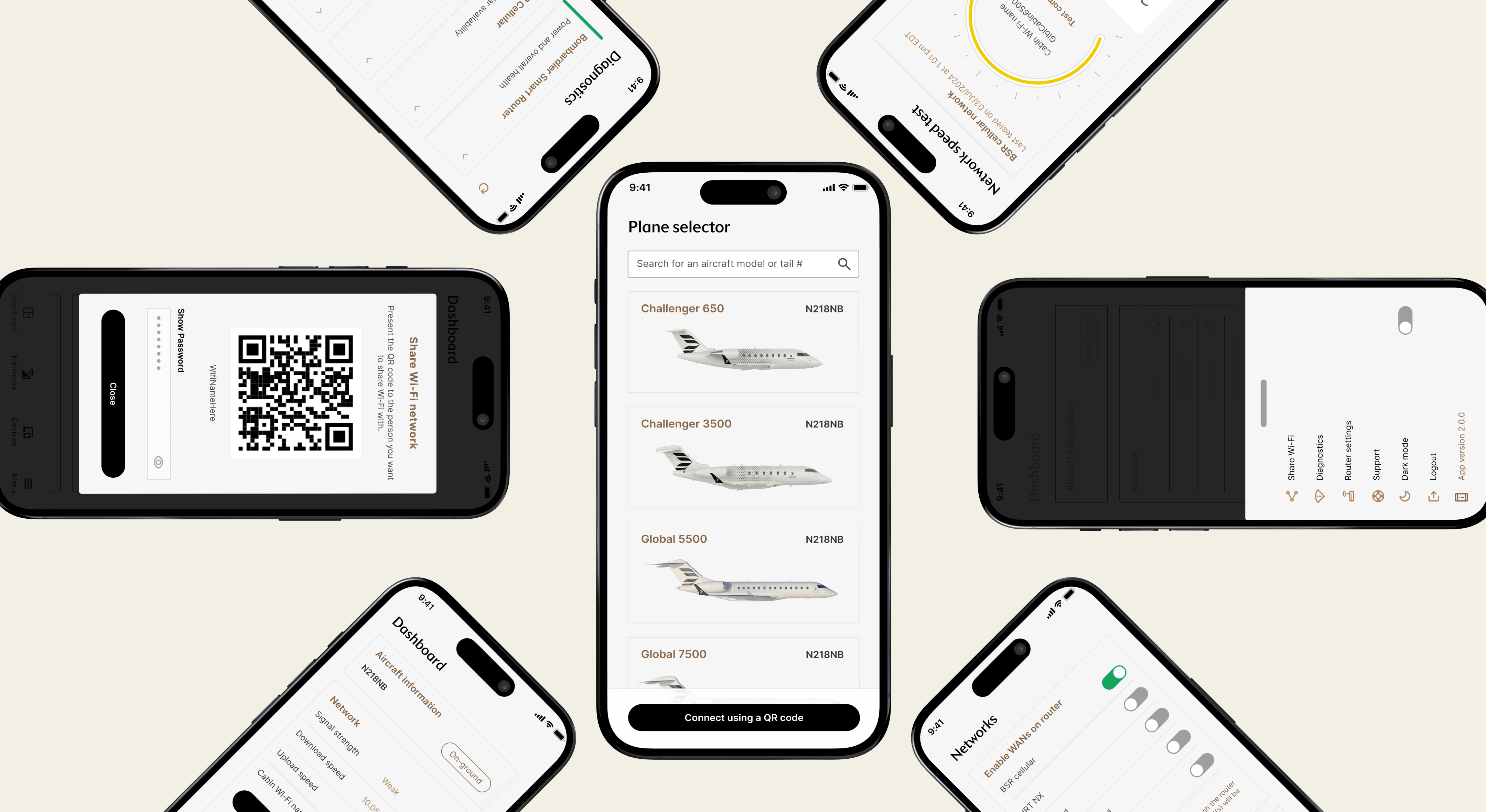 MyInFlight mobile interfaces arranged around an aircraft selector