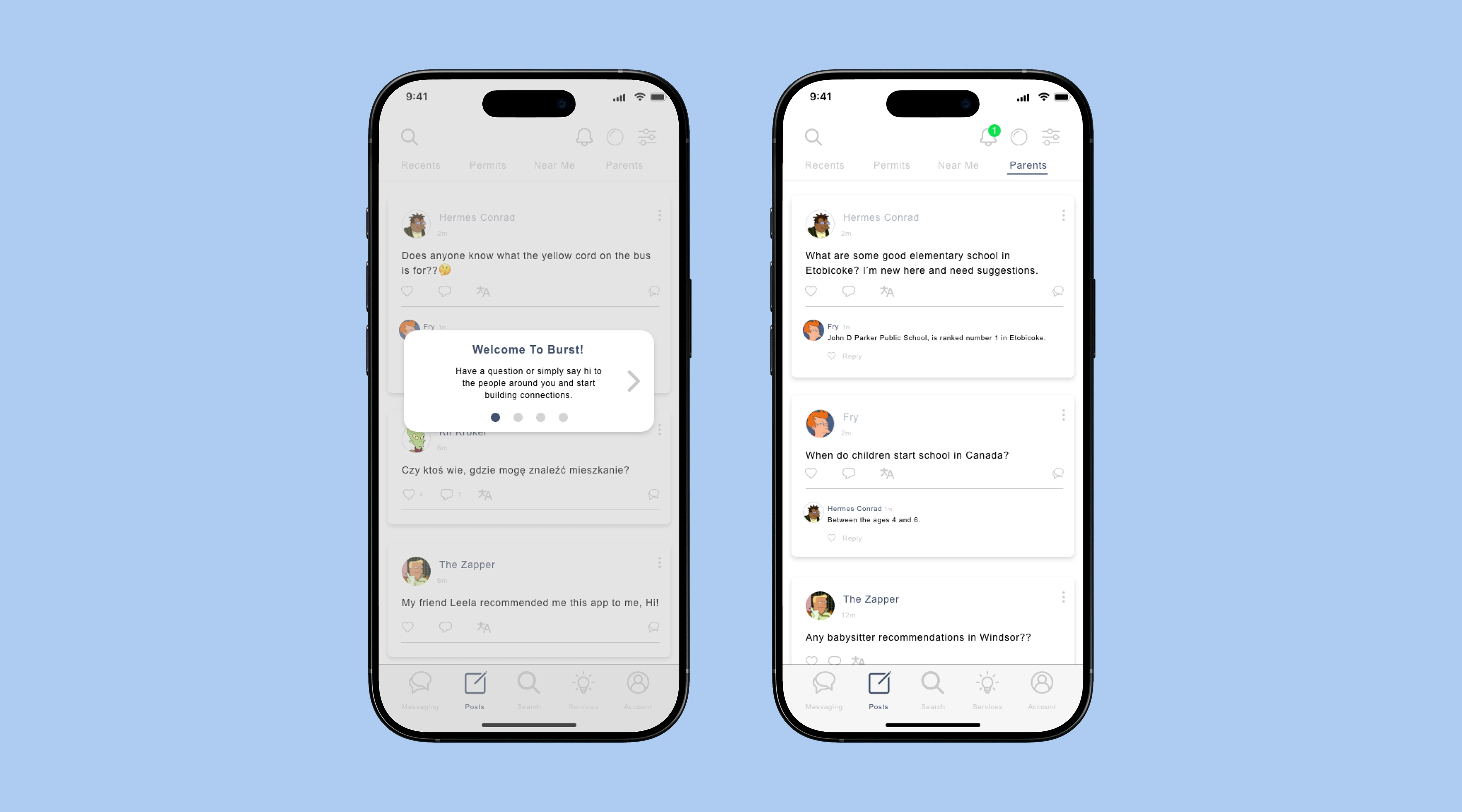 Two Burst mobile app screens showing a translated local community feed