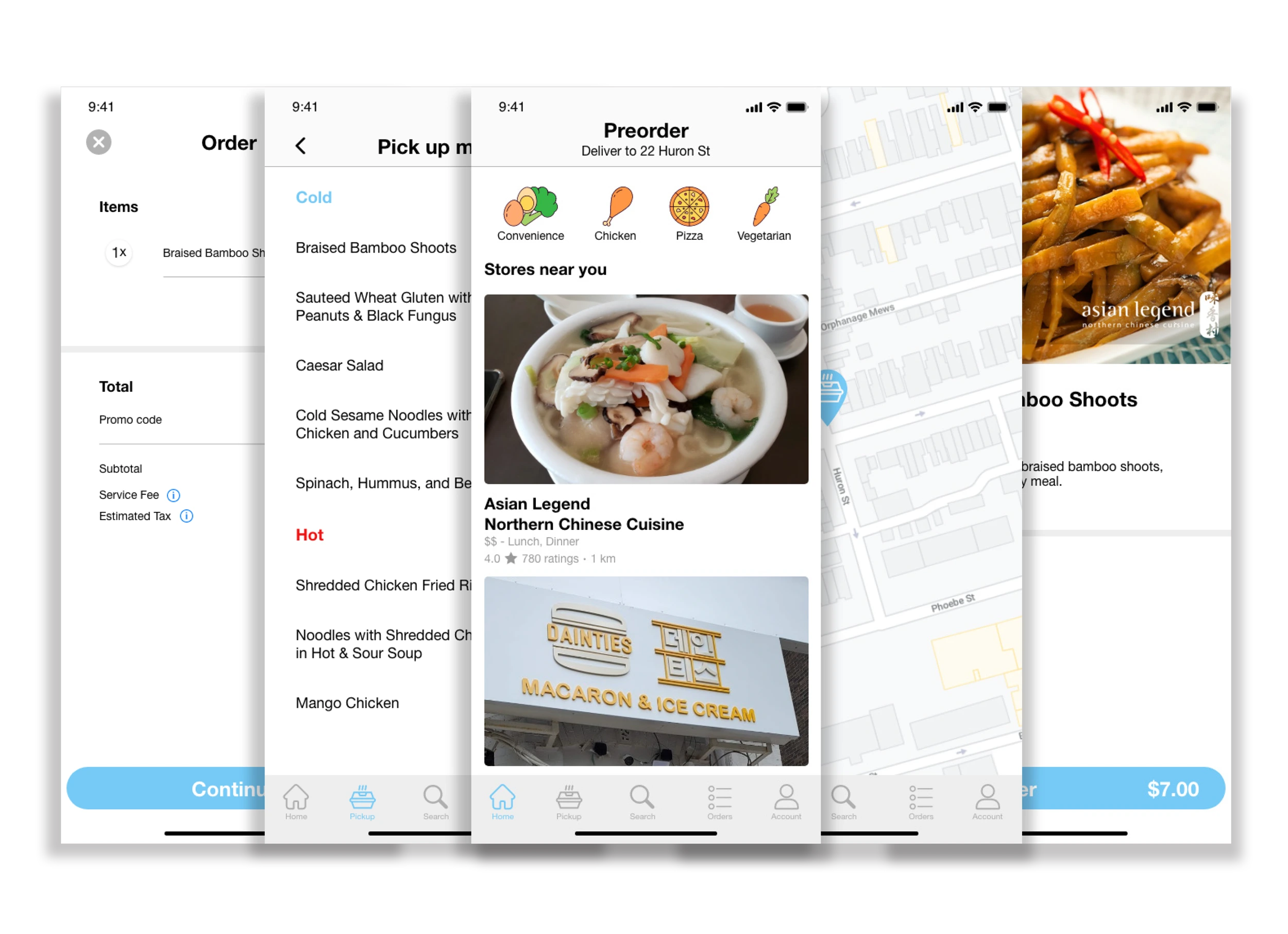 Vendor Out customer pickup flow across five mobile screens