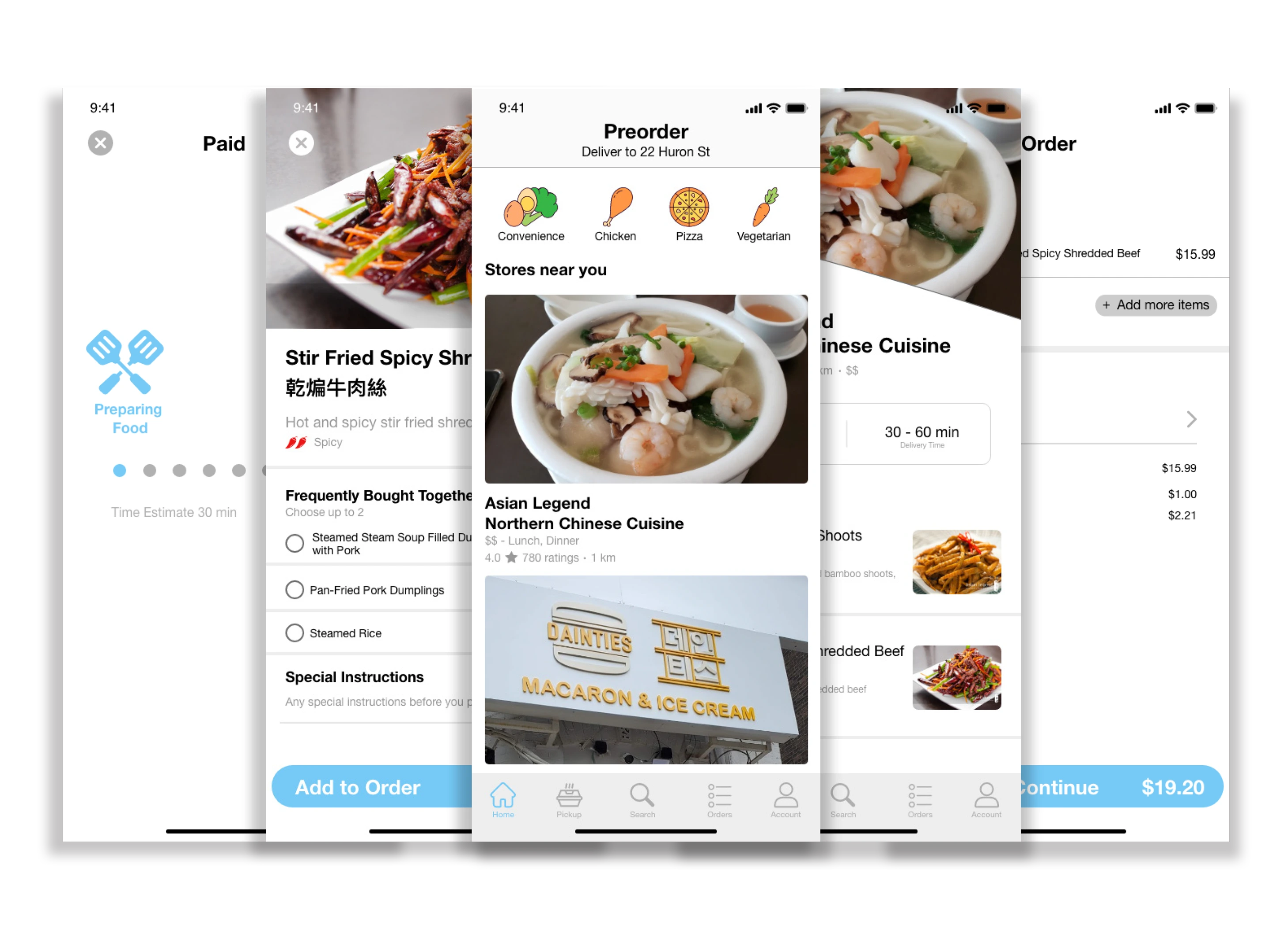 Vendor Out customer pre-order flow across five mobile screens